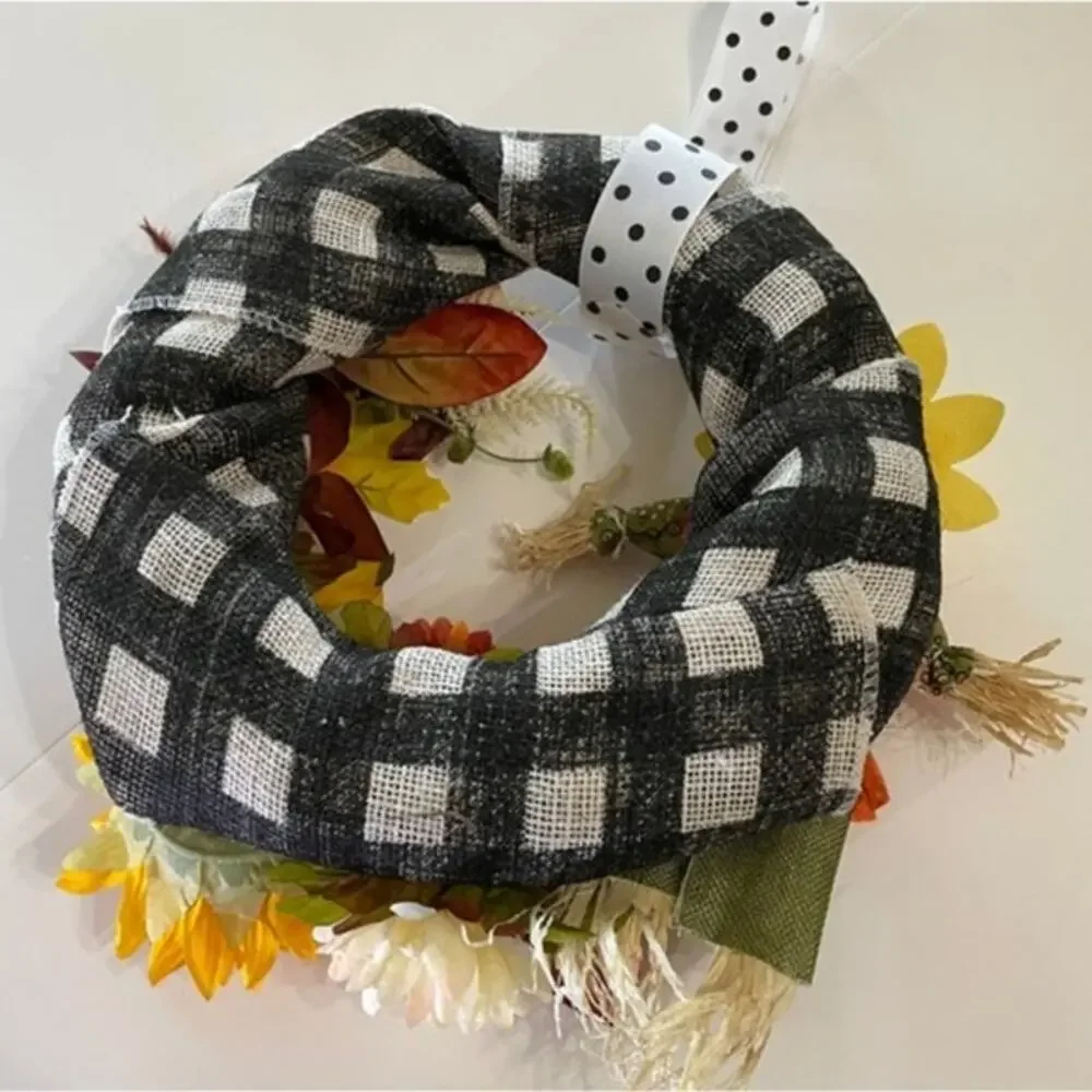 Handmade Buffalo Check Scarecrow Fall Wreath Sunflower Burlap
